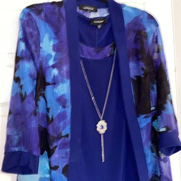 R & M Richards Navy Blue Floral Printed Sheer Jacket And Sheath Dress - Picture 6 of 16